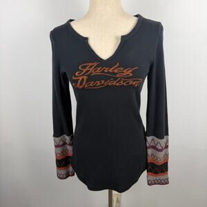 Harley-Davidson Black Thermal Long Sleeve Shirt Y2K Retro Women's Small V neck